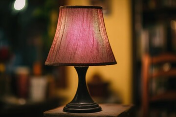 A muted-toned lamp with a faded, pinkish-red shade