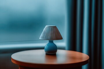 Small, light blue lamp on wooden table near window