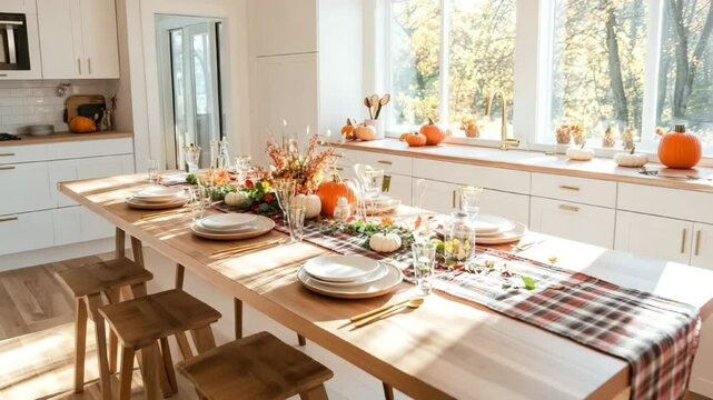 A bright kitchen with a wooden table set for a meal. The table features plates, glasses, and a centerpiece of pumpkins and autumn decor. Sunlight streams through large windows.