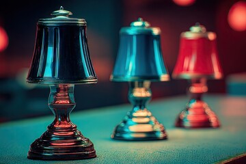 Three small, decorative lamps in varying colors (blue, teal, red) stand on a surface.  Muted lighting and shallow depth of field emphasize the lamps
