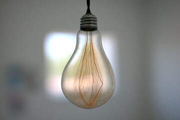 A vintage-style lightbulb hangs from a cord.  The bulb's glass is translucent, revealing intricate filaments.  Soft light from a window illuminates the scene