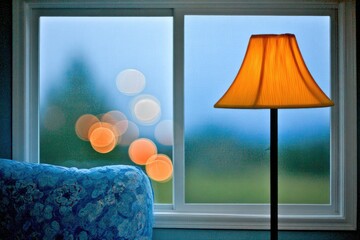 Cozy evening by the window.  A warm lamp, soft light, and blurred city lights outside a window
