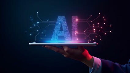 A hand holds a tablet displaying glowing "AI" text with radiating digital circuits.