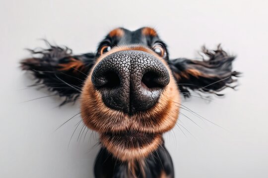 Black and tan dog nose close up, Curious playful expression, Funny pet portrait concept