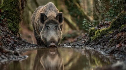 Wild boar drinking from muddy puddle in dense forest
