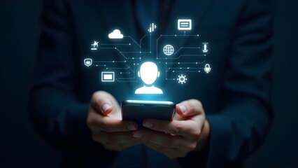 A person holds a phone displaying a glowing holographic network of user and data icons.