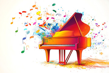 colorful piano on white background with music notes flying, Colorful piano surrounded by musical notes on white background, Grand piano on white background, Colorful music notes