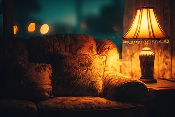 Warm lamplight on a vintage couch