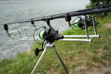 Fishing Rods with Bite Alarms and Reels – Carp Fishing Setup on Stand