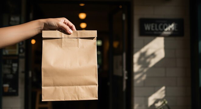 Hand holding a brown paper bag with welcome sign in the background at restaurant