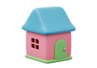 Isolated Cartoon House with Pink Walls and Blue Roof
