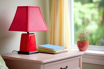 Red lamp on a light pink nightstand, books, and potted plant by a window