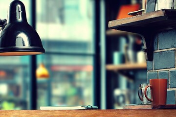 Cafe interior, blurred background, wooden table, lamp, mug