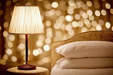 Warm bedroom scene with lamp and bed.  Bokeh lights create a soft background