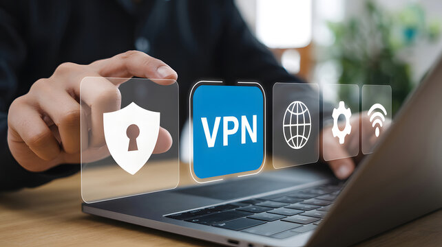 Laptop user secures online privacy with VPN for safe internet browsing, ensuring security and protecting sensitive data from cyber threats.