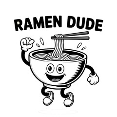 Ramen Dude character happily holds chopsticks in hand beside a bowl of noodles, ready to serve delicious food at a lively venue
