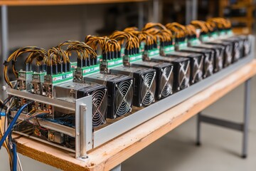 Row of computer mining rigs on a wooden table.  Cooling fans, cables, and electronic components are visible