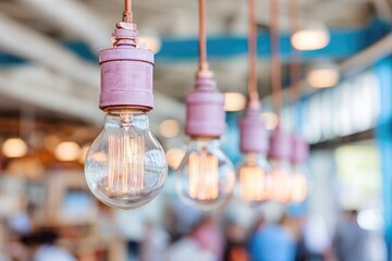 Four vintage-style Edison bulbs, copper-toned hanging fixtures, soft focus on interior space