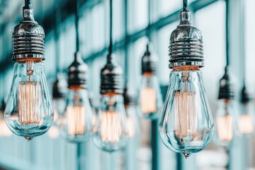 Vintage Edison-style light bulbs hang in a row, casting a warm glow