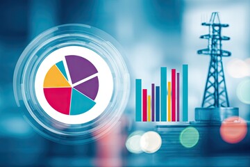 Data visualization, energy, modern, business.  Abstract background shows a pie chart and bar graph, overlaid on a futuristic interface, with a power pole in the background