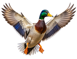 Obraz premium Realistic Mallard Duck in Mid-Flight with Wings Spread, isolated on transparent background.