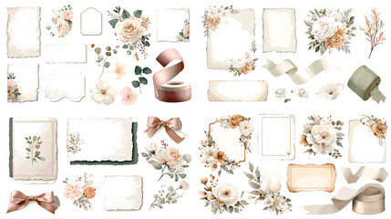 Elegant vintage floral frame and ribbon illustration set with beige tones and soft flowers, perfect for wedding invitations, romantic designs, and decorative templates.

