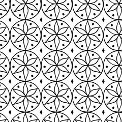 Seamless pattern of stylized botanical flowers drawn as simple mandalas, hand-drawn in black and white vector style. Folk inspired ornament perfect for textiles, wallpapers, packaging, and crafts.