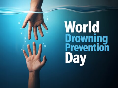 A graphic for world drowning prevention day featuring hands reaching in blue water