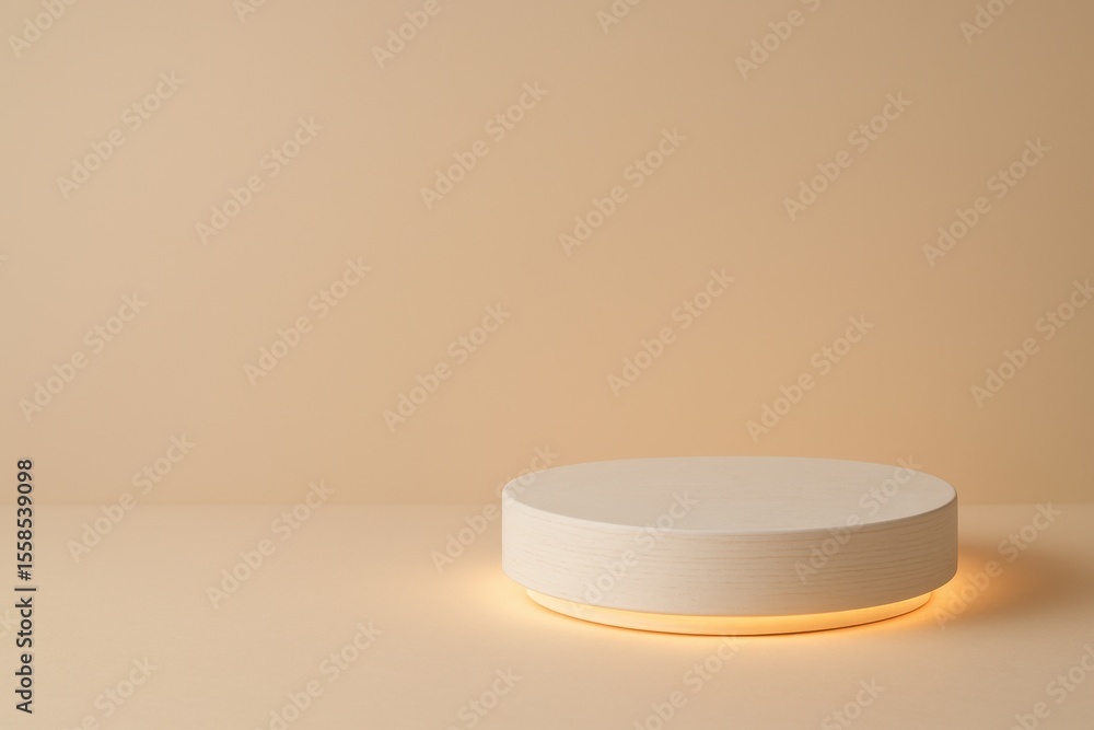 Poster minimalist wooden product display platform with soft ambient lighting for stylish presentation in ne