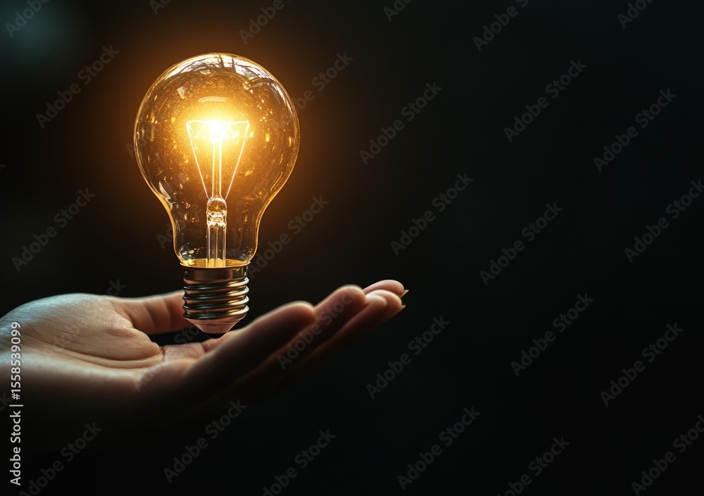 Poster lit lightbulb floating over open hand against a dark background