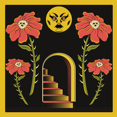 Psychedelic moon flowers - Vector Illustration