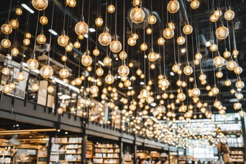 Warm, inviting interior with numerous Edison-style bulbs hanging from a dark ceiling.  Bookshelves are visible, and people are present within the space.  Blurred focus creates a sense of depth