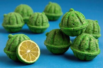 Bright green, sculpted objects resembling limes,  grouped on a vivid blue background.  A sliced lime sits beside them