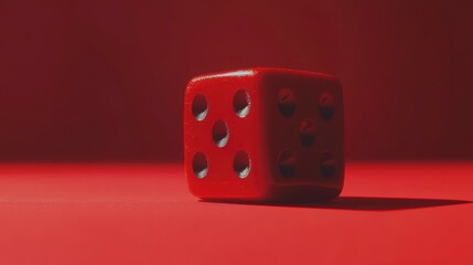 Close-up of a single red die showing five on a red surface.