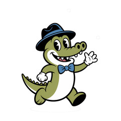 Obraz premium Cartoon crocodile character with a bow tie running joyfully in a playful design