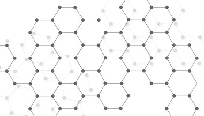 Hexagons pattern on gray background. Genetic research, molecular structure. Chemical engineering. Concept of innovation technology. Used for design healthcare, science and medicine background