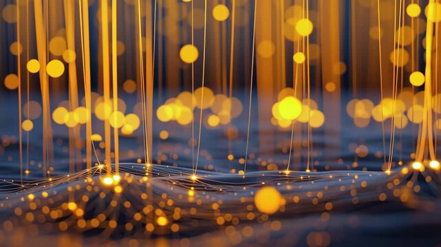 Golden droplets of light flow through wires onto a mesh in an abstract background, illustrating digital networks, connectivity, technology, and modern communications
