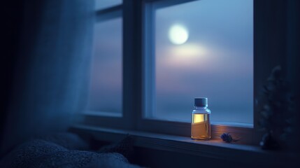 Melatonin for better sleep. A serene night scene featuring a perfume bottle by a window with a moonlit backdrop.
