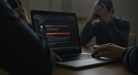 Close-up on a man typing on a laptop with a distraught man in the background, Man using a laptop to deal with upsetting news with a friend for support