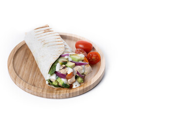 A delicious grilled chicken wrap isolated on white background. Copy space