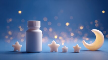 Melatonin for better sleep. Sleep-themed bottle with stars and moon against a dreamy backdrop.