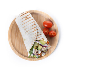 A delicious grilled chicken wrap isolated on white background. Top view. Copy space