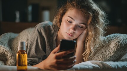 Melatonin for better sleep. A young woman lying in bed, focused on her smartphone with a bottle nearby.