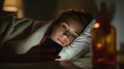 Melatonin for better sleep. A woman in bed looks at her phone, illuminated by its light, with a cozy blanket around her.