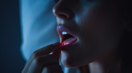 Melatonin for better sleep. Close-up of a woman applying lip gloss in low light, highlighting her lips and fingers.