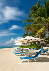 ye-level photo of a tropical beach lined with rows of white lounge chairs and blue-and-white umbrellas, surrounded by palm trees and facing a turquoise sea. 