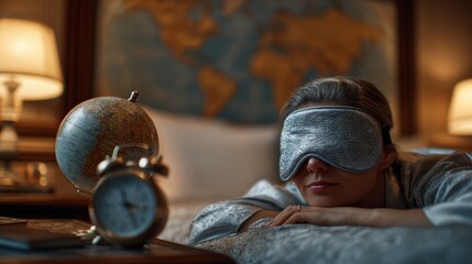 Melatonin for better sleep. Person resting with an eye mask beside a globe and clock in a cozy bedroom setting.