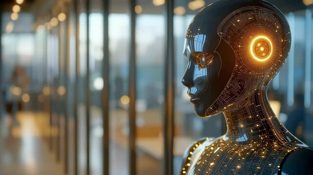 A cybernetic AI robot in a modern business environment, symbolising advanced intelligence, autonomous systems, and the future of work in innovative business models and tech enabled workplaces
