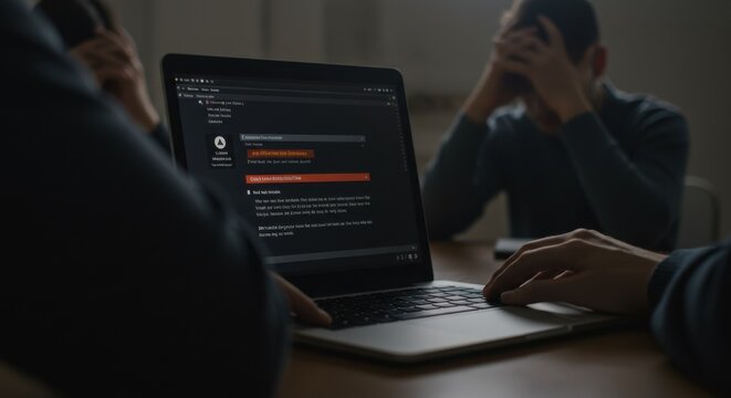 Close-up on a man typing on a laptop with a distraught man in the background, Man using a laptop to deal with upsetting news with a friend for support
