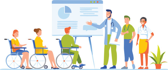 Fototapeta premium Doctor presenting data to people in wheelchairs with other doctors standing nearby in a medical setting